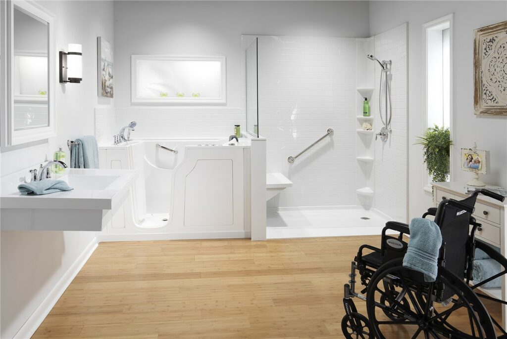 Accessible bathroom remodel with walk-in tub, roll-in shower, grab bars, wheelchair, and modern safety features.
