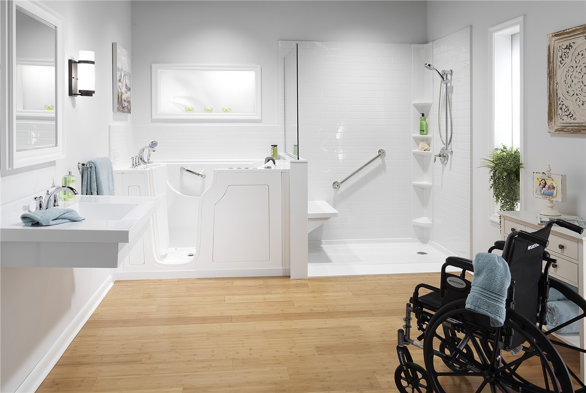 Accessible bathroom remodel with walk-in tub, roll-in shower, grab bars, wheelchair, and modern safety features.